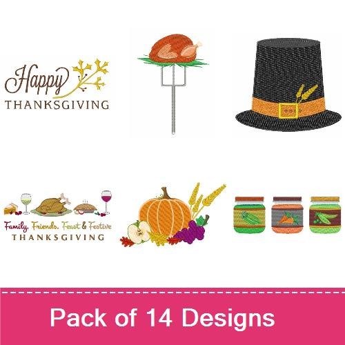 Thanksgiving Turkey & Happy Thanksgiving Text Embroidery Designs Bundle – Pie, Hat, Cornucopia & More (14 Designs)