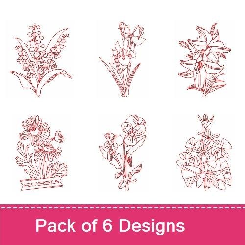 Redwork Delicate Floral Embroidery Designs Bundle – Lily, Bellflower, Tulip, Rose & More (6 Designs)