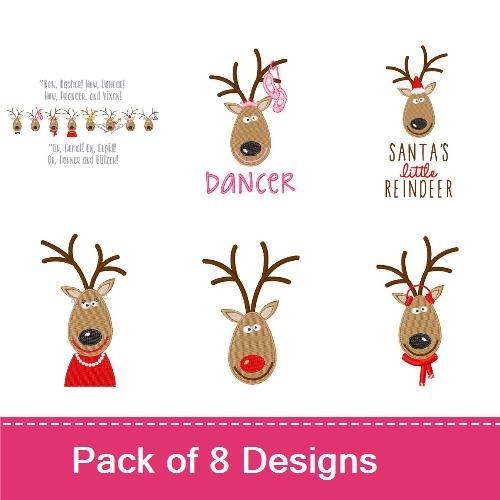 Festive Reindeer Embroidery Designs Bundle – Santa's Little Reindeer, Dancer Reindeer, Reindeer with Hat & More (8 Designs)