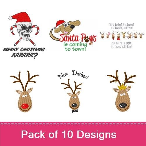 Santa Skull & Reindeer Embroidery Bundle – Holiday Characters (10 Designs)