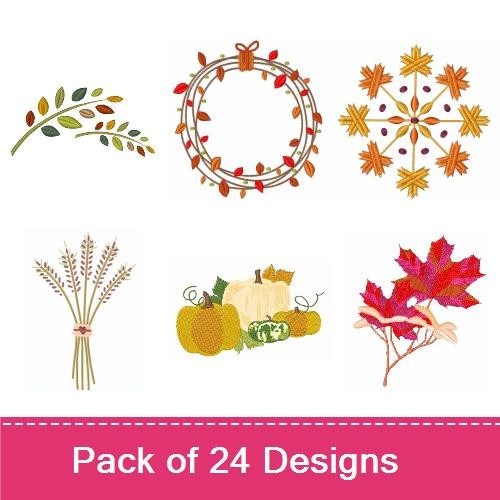 Autumn Harvest Embroidery Designs Bundle – Autumn Leaves Branch, Pumpkin with Leaves, Wheat Sheaf & More (24 Designs)