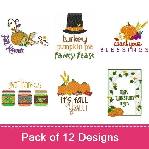 Thanksgiving and Fall Harvest Embroidery Designs Bundle – Pumpkins with Leaves, Turkey Pumpkin Pie, Grateful Blessings & More (12 Designs)
