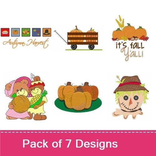 Autumn Harvest Embroidery Designs Bundle – Pumpkin Arrangement, Scarecrow, Harvesting Characters & More (7 Designs)
