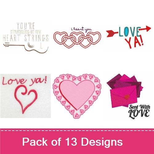 Redwork Heart Embroidery Designs Bundle – Intertwined Hearts, Love Ya Text, Heart with Arrow & More (12 Designs)