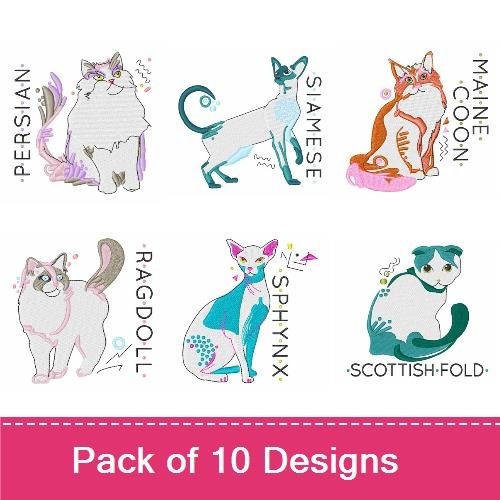 Cat Embroidery Bundle – Persian, Siamese, Maine Coon & More (10 Designs)