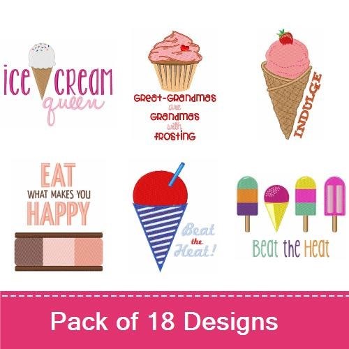 Sweet Treats & Ice Cream Embroidery Designs Bundle – Cupcake with Cherry, Banana Split, Ice Cream Cone & More (18 Designs)
