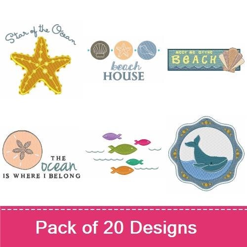 Ocean & Beach Embroidery Designs Bundle – Fish in Waves, Starfish, Beach House Sign & More (19 Designs)