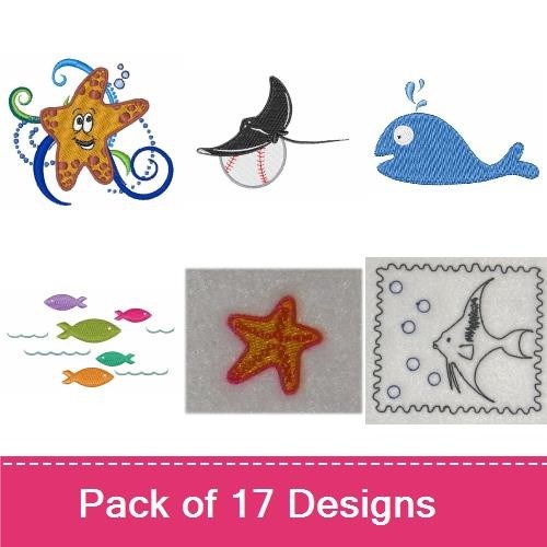 Ocean Animals Embroidery Bundle – Colorful Fish, Octopus with Swirls, Mermaid with Long Hair & More (17 Designs)