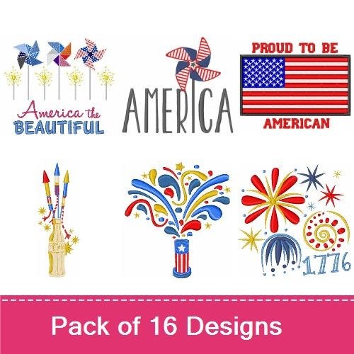 Patriotic Americana Embroidery Designs Bundle – America Text, Pinwheel Design, Patriotic Hat & More (16 Designs)
