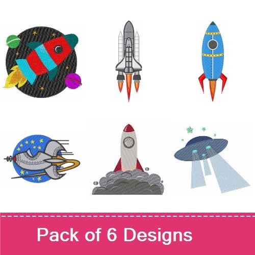 Space Rocket & UFO Embroidery Designs Bundle – Rocket Ship, UFO, Flying Saucer & More (6 Designs)