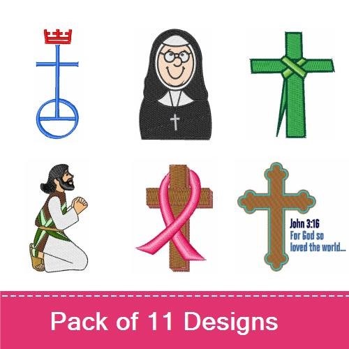 Christian Symbols Embroidery Designs Bundle – Cross with Crown, John 3:16 Verse, Nun with Glasses & More (11 Designs)