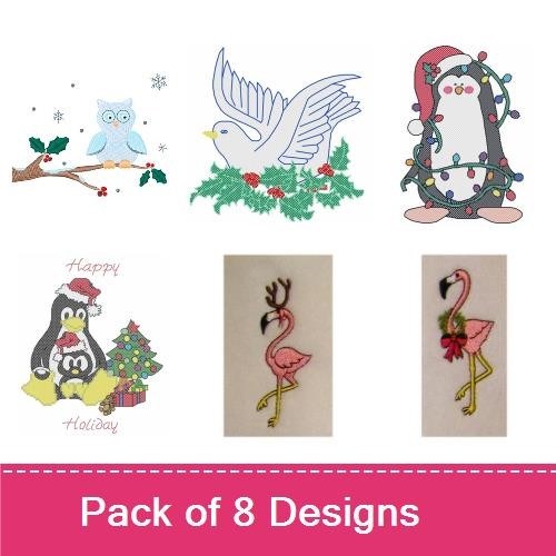 Winter-Themed Birds Embroidery Designs Bundle – Owl on Branch, Cardinal Couple, Santa Penguin & More (8 Designs)