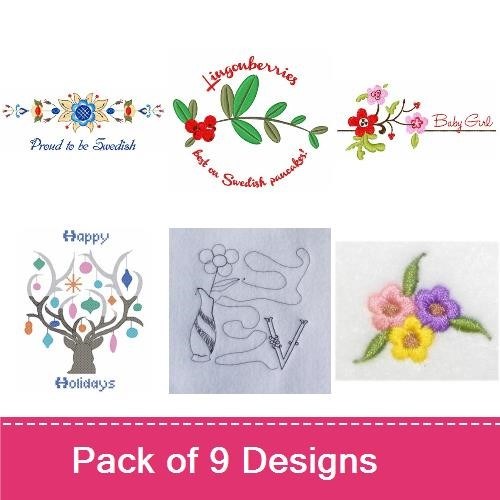 Swedish Floral & Holiday Embroidery Designs Bundle – Proud to be Swedish, Ljungberries, Happy Holiday & More (9 Designs)
