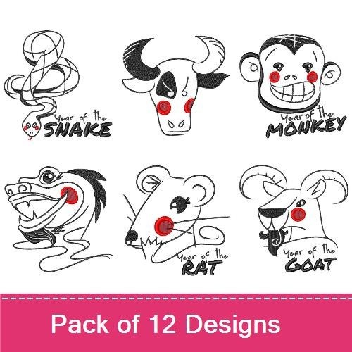 Year of the Snake, Monkey, Rat & Goat Embroidery Bundle – Zodiac Animal Designs (12 Designs)