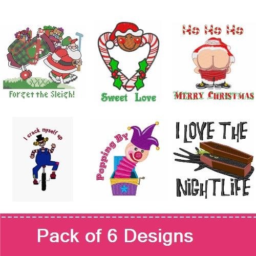 Funny Holiday Characters Embroidery Designs Bundle – Santa with Rear View, Christmas Basket, Forget the Sleigh & More (6 Designs)
