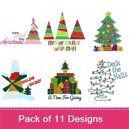 Christmas Tree Embroidery Designs Bundle – Christmas Tree with Ornaments, Snowman with Hat, Merry Christmas Text & More (11 Designs)