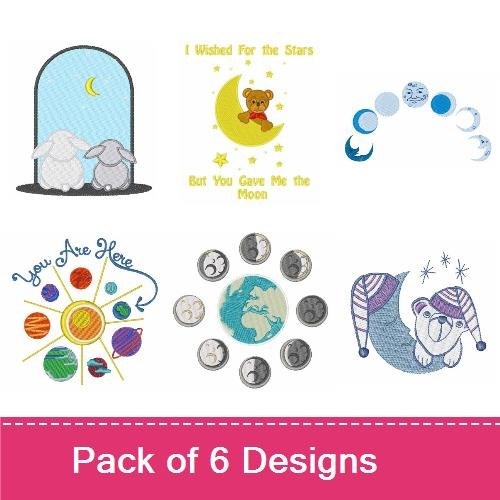 Moon and Stars Embroidery Designs Bundle – Teddy Bear on Moon, Sheep Under Moonlight, Lunar Dreamcatcher & More (6 Designs)