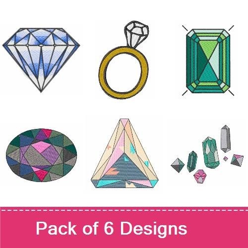 Gemstone and Jewelry Embroidery Designs Bundle – Diamond Shape, Engagement Ring, Emerald Cut Gemstone & More (6 Designs)