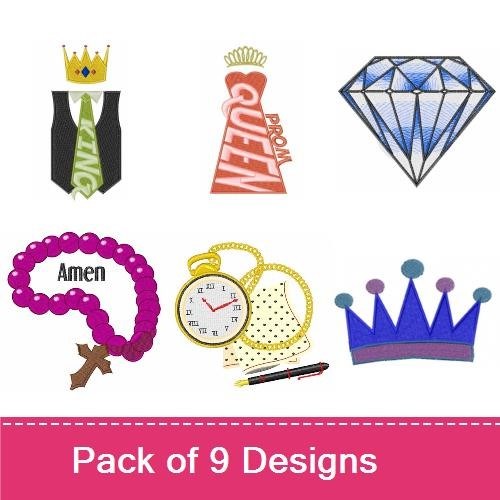 Crown & Elegant Symbols Embroidery Designs Bundle – Royal Crown, Diamond, Necktie, Queen & More (9 Designs)