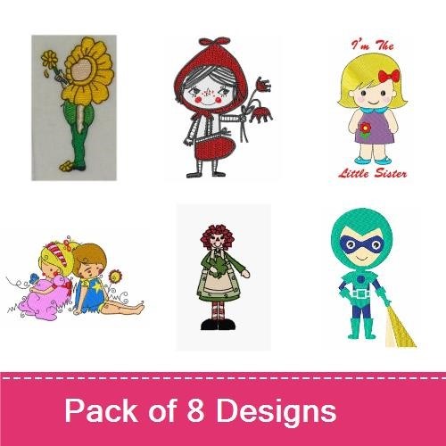 Whimsical Kids Characters Embroidery Designs Bundle – Little Sister, Flower Girl, Red Riding Hood & More (8 Designs)