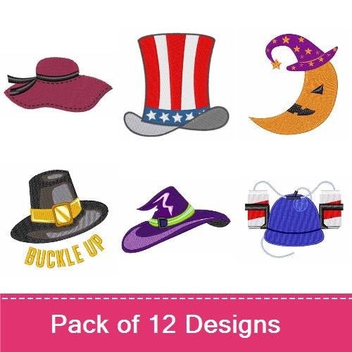 Festive Hats Embroidery Designs Bundle – Red Hat with Rose, Moon Hat, Black Hat with Buckle & More (12 Designs)