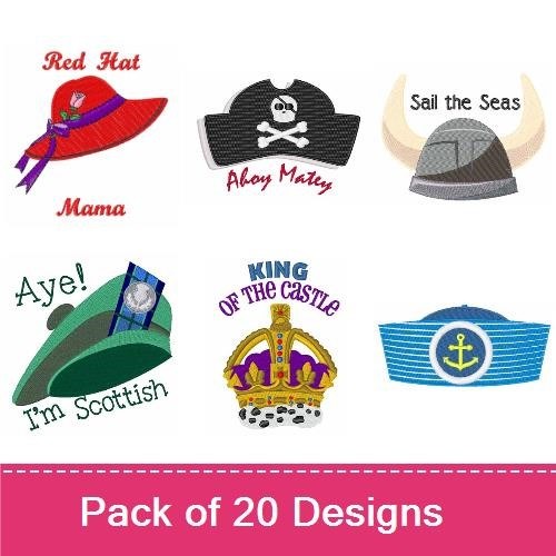 Hats & Sayings Embroidery Designs Bundle – Red Hat Mama, King of the Throne, Gangster Hat & More (20 Designs)