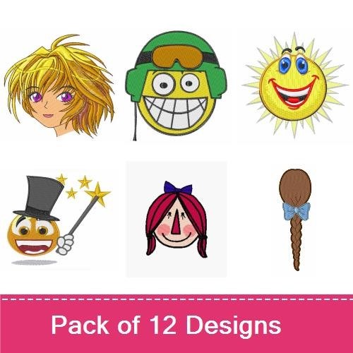 Whimsical Faces Embroidery Designs Bundle – Girl with Party Hat, Dog Face, Happy & More (12 Designs)