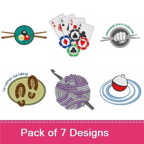 Hobby and Leisure Embroidery Designs Bundle – Fleur-de-Lis Emblem, Pool Balls, Playing Cards & More (7 Designs)