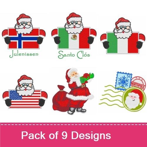 Santa Claus Holiday Icons Embroidery Designs Bundle – Santa with Flags, Christmas Tree, Gift & More (9 Designs)