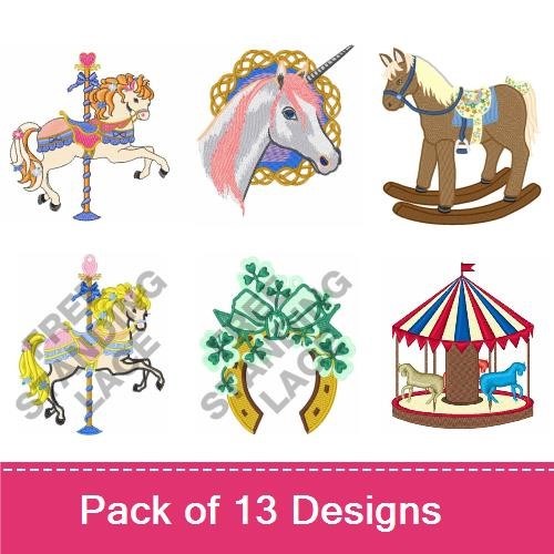 Horse-Themed Embroidery Designs Bundle – Unicorn, Brown Horse, Rocking Horse & More (13 Designs)