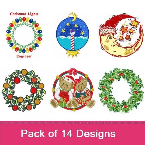 Holiday Themed Embroidery Designs Bundle – Christmas Lights Wreath, Snow Globe with Snowman, Holiday Tree & More (14 Designs)