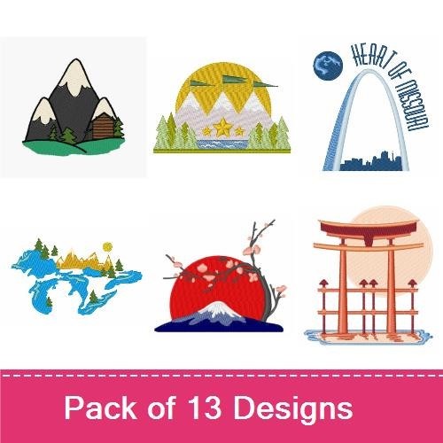 Mountain & Nature Embroidery Bundle – World Map Mountains, Sunset Over Mountains, Japanese Torii Gate & More (13 Designs)