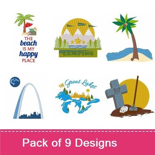 Summer Vacation & Camping Embroidery Designs Bundle – The Great Lakes, Gone Camping, Beach & More (9 Designs)