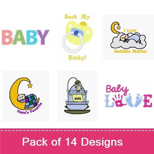 Baby Themed Embroidery Designs Bundle – Baby Rattle, Carriage, Sweet Dreams Text & More (14 Designs)