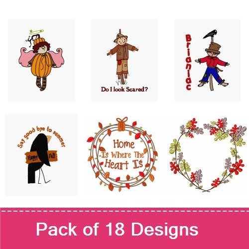Autumn Harvest Embroidery Designs Bundle – Harvest Wreath, Scarecrow, Pumpkin Patch & More (17 Designs)