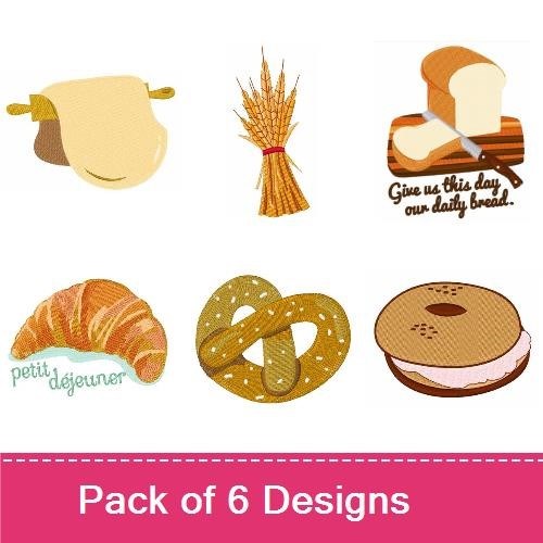 Bakery Themed Embroidery Designs Bundle – Sliced Bread, Croissant, Pretzel & More (6 Designs)