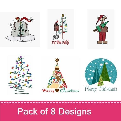 Christmas Tree & Snowman Embroidery Designs Bundle – Christmas Tree with Lights, Merry Christmas Tree 1, & More (8 Designs)