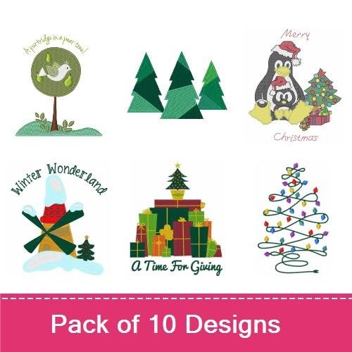 Christmas Trees & Owl Embroidery Designs Bundle – Merry Christmas, Let It Snow, & More (10 Designs)