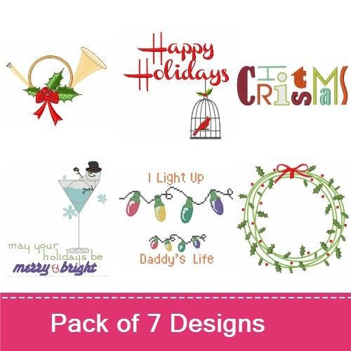 Holiday Cheer Embroidery Designs Bundle – Wreath with Berries, Christmas Horn, Snowman with Scarf & More (7 Designs)
