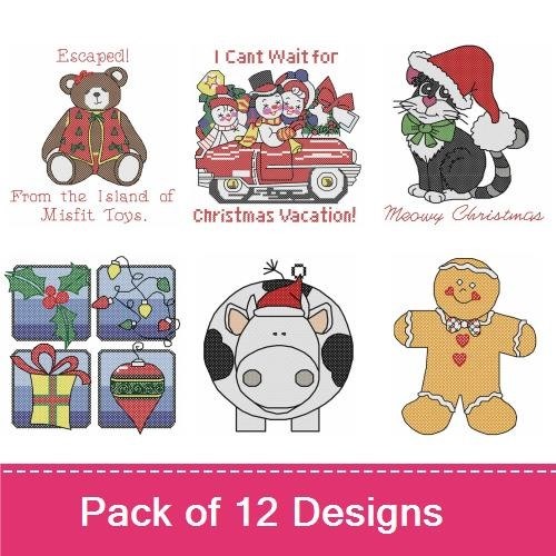Whimsical Christmas Themes Embroidery Designs Bundle – Christmas Vacation Car, Teddy Bear, Happy Cat & More (12 Designs)