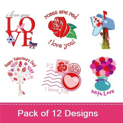 Valentine's Day Embroidery Designs Bundle – Happy Valentine's Day Bouquet, Roses Are Red Heart, Heart with I Love You & More (11 Designs)