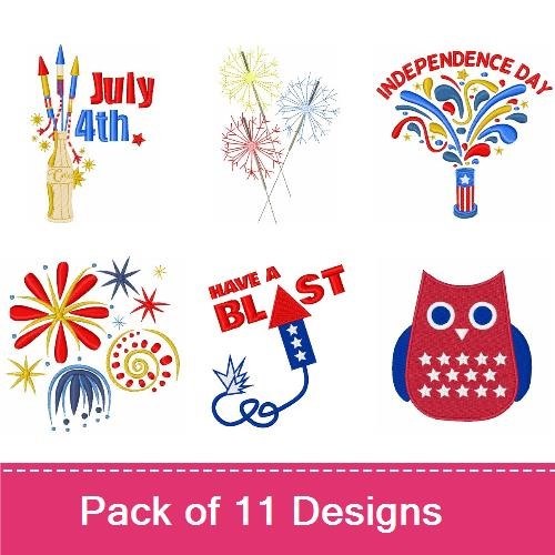 Patriotic Independence Day Embroidery Designs Bundle – Fireworks Burst, July 4th Text, American Flag & More (11 Designs)