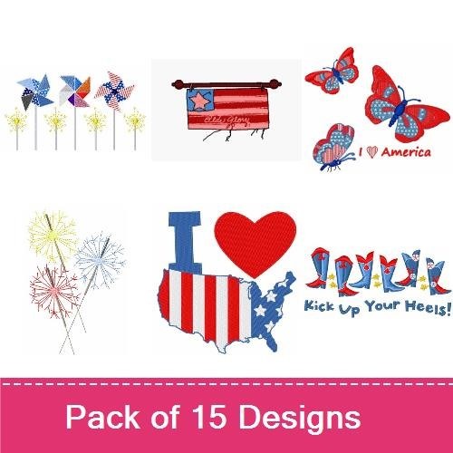 Patriotic Celebration Embroidery Designs Bundle – Firework Explosion, Eagle with Shield, I Love USA & More (15 Designs)