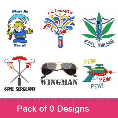 Fun & Quirky Embroidery Designs Bundle – Sunglasses WINGMAN, Going Bananas Banana, Firecracker & More (9 Designs)