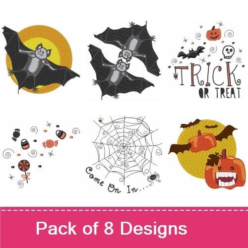 Halloween Fun Embroidery Designs Bundle – Trick or Treat Text, Bat with Skull, Jack-o'-Lantern & More (8 Designs)