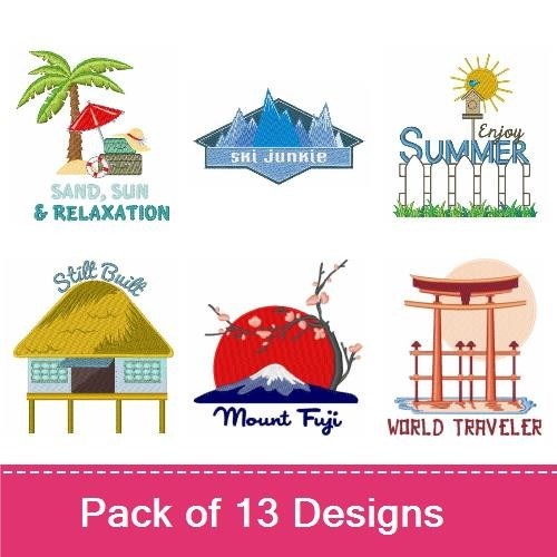 Nature and Travel Embroidery Designs Bundle – Mount Fuji, Palm Tree, Beach Hut & More (13 Designs)