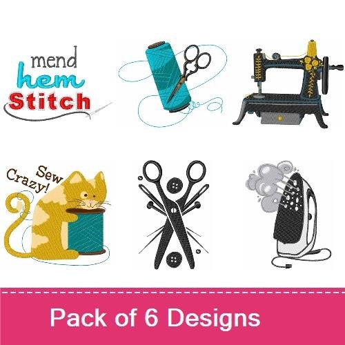 Sewing Themed Embroidery Designs Bundle – Sewing Machine, Scissors, Cat with Thread & More (6 Designs)
