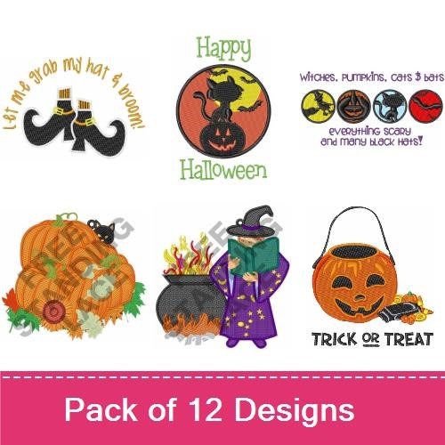 Halloween Witches & Pumpkins Embroidery Designs Bundle – Trick or Treat Pumpkin, Boo!, & More (12 Designs)