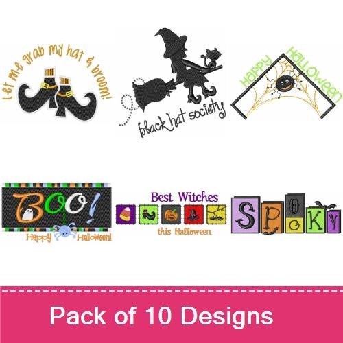 Halloween-Themed Embroidery Designs Bundle – Witch Hat with Attitude, Boo Text Design, Halloween Emoji Balloons & More (10 Designs)