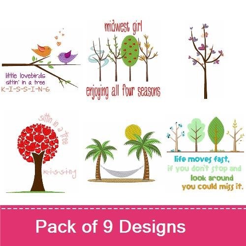 Nature Quotes & Whimsical Trees Embroidery Designs Bundle – Life is Good Tree, Colorful Birds on Branch, & More (9 Designs)